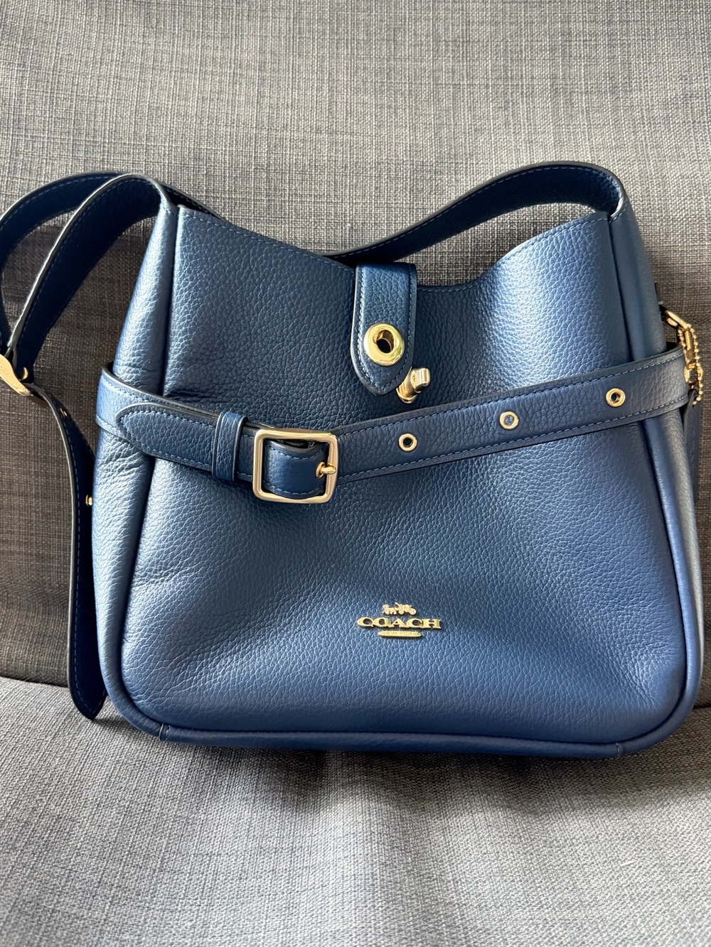 Coach Pebbled Leather Shoulder Bag in Navy with Gold Hardware